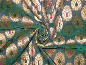 Silk Brocade Fabric Peacock Green & Metallic Gold  