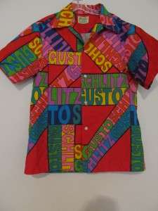 Vintage Schlitz advertising Hawaiian shirt Ui Maikai mod pop art Gusto 