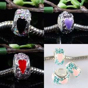 Colorful Czech Crystal Rhinestone Carved Heart European Charm Beads 