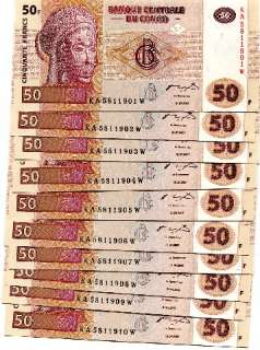 Congo 50 Francs 2007 P NEW UNC lot 10 pcs  