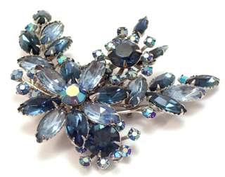 Vintage Large Brooch Pin Sapphire Blue Navette Rhinestone Floral 