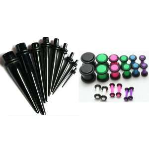 27pc Ear Stretching Kit Color Neon Plugs and Black Tapers 00g 0g 2g 4g 