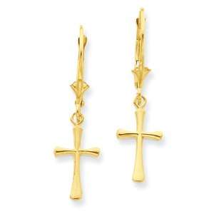  14k Gold Cross with Round Tips Leverback Earrings Jewelry