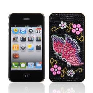    Apple iPhone 4 Black Pink Butterfly Gem Handmade Crystal 