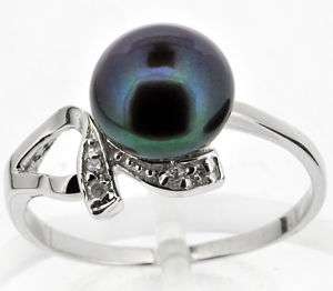 Sterling Silver Cultured Black Pearl & CZ Ring Size 7  
