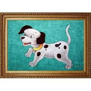 Dog on Green Background Oil Painting, with Exquisite Dark Gold Wood 