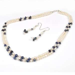   Fresh Water Peal & Sapphire Beaded Necklace with Free Errings Jewelry