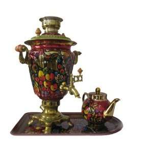 Hand painted Electric Samovar Bird with Apples with Metal Tray and 