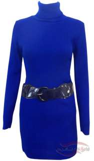 NEW WOMENS LADIES KNITTED POLO NECK BELTED BODYCON DRESS TOP SIZE 8 10 
