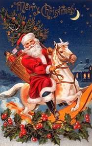 Vintage Christmas Fabric Block Santa Claus Rockin Horse  