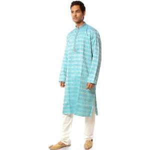 Robin Egg Blue Brocaded Kurta Set with Threadwork and Crystals on 