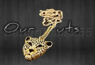Rhinestone Leopard Tiger Head Sweater Necklace Chain  