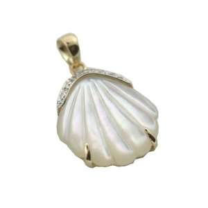  White Mother Of Pearl Large Sea Shell Pendant, 14k Gold 