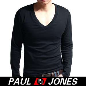 PJ New Mens Slim Fit Cotton Deep V Neck Long Sleeve Casual T Shirt 