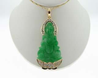 Estate Large Kwan Yin Buddha Jade Diamonds Solid 18k Gold Pendant 