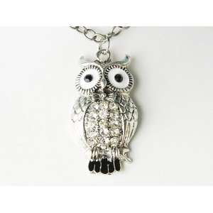   Eyed Cute Alloy Tone Crystal Rhinestone Hooting Owl Pendant Necklace