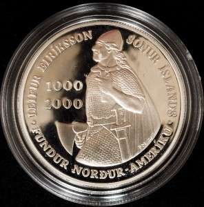 Iceland Proof 2000 Silver 1000 Kronur Leif Ericson U.S.Mint Box 