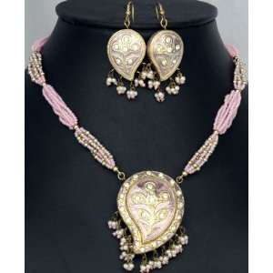 Pink Meenakari Necklace and Earrings Set with Large Paisleys   Lacquer 