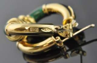   Lebo Italian Estate Vintage 18K Yellow Gold Green Enamel Hoop Earrings