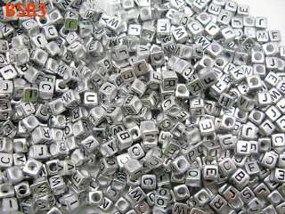 250pcs 6x6mm 50g Assorted Alphabet Letters Silver Cube Acrylic Spacer 