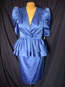 ELECTRIC BLUE~NWT~Vtg 80s~PUFF SLV+PEPLUM+WIGGLE SKIRT~SATIN+ Party 