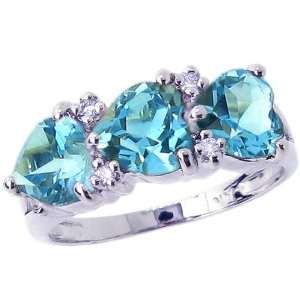  14K White Gold Three Stone Heart Gemstone and Diamond Ring 