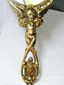   Art Nouveau Brass Hand Vanity Mirror Figural Jenny Lind Cherub  