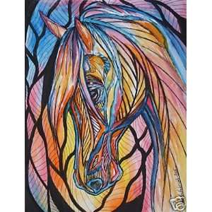 Lovely Pastel Stained Glass Tiffany Style Horse Giclee Painting Print 