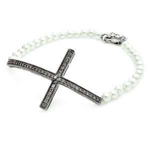  Silver Pearl Cubic Zirconia Cross Bracelet (length 7 8 inches band 