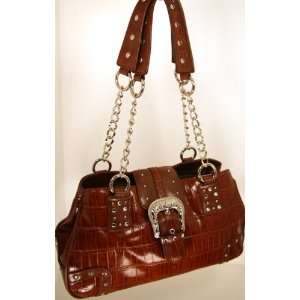 Marc Chantal Genuine Leather Handbag Cognac with metal chain accents 