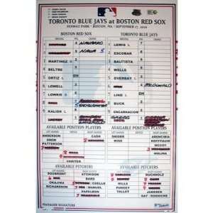 Blue Jays at Red Sox 9 17 2010 Game Used Lineup Card (BB757411 