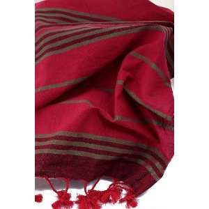 Turkish Towel Pestemal with Green Stripes, Dark Red Edge and Burgundy 