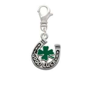 Good Luck Horseshoe with Green Four Leaf Clover Clip On Charm [Jewelry 