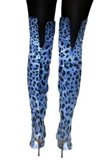 BEAUTIFUL OVER THE KNEE BLUE DENIM LEOPARD PRINT DENIM BOOTS BY DOLCE 