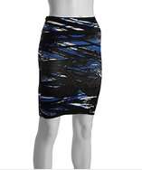 BCBGMAXAZRIA larkspur blue splash print stretch knit bodycon skirt 