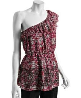 Free People burgundy floral print woven one shoulder ruffle tunic 