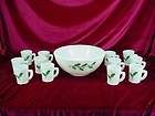   MCKEE WHITE GLASS HOLLY PUNCH BOWL & 12 CUP SET Christmas Milk EggNog