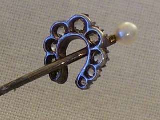   HORSE SHOE DESIGN STICK PIN INSET WITH OLD CUT GENUINE DIAMONDS AND A