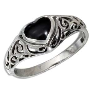 Sterling Silver Filigree Onyx Heart Dome Ring (size 06) Jewelry