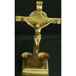  Vintage French Brass Standing Crucifix Candleholders 