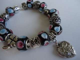 European Style Silver 925 Charm Bracelet. Murano Glass beads. Silver 