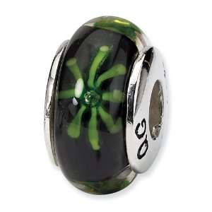    Sterling Silver Black & Green Hand blown Glass Bead Jewelry
