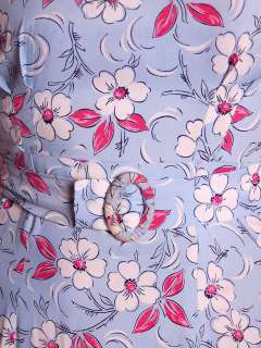 Vintage Pale Blue Rayon Print Dress 1940s App. Size 10 12  