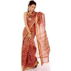  Maroon Sari from Bangalore with Printed Flowers   Pure 