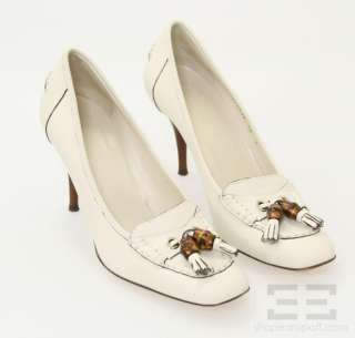 Gucci White Leather And Bamboo Tassel Loafer Heels Size 10  