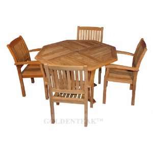 Teak Octagon Table (52D), 4 Teak Stacking Chairs 