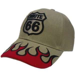 Hat Cap Historic Route 66 Highway America Khaki Tan Red Black Flames 