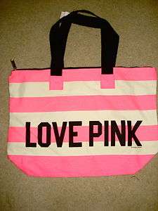 VICTORIAS SECRET love pink neon zipper striped canvas tote  