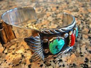 ZUNI INDIAN ANGIE C. STERLING SILVER TURQUOISE & CORAL MANS WATCHBAND 