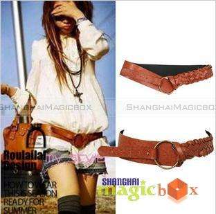 Women PU Trendy Knit Wide Waist Leather Belt Brown #020  